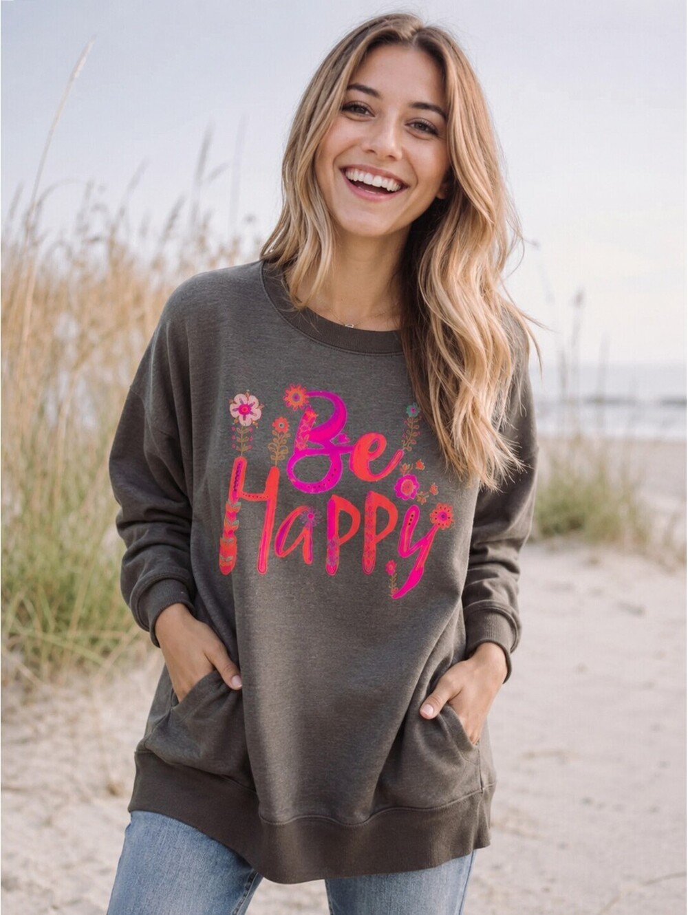 Natural Life "Be Happy" Comfy Pocket Sweatshirt Brown Floral Graphic Text W Med